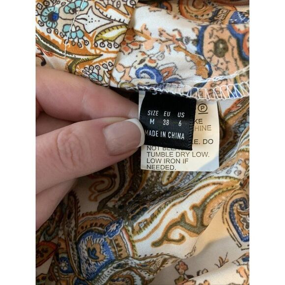 Shein Orange White Blue Paisley Pattern Cold Shoulder Top Medium - Picture 3 of 4